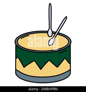 Illustrazione dell'icona vettore Cartoon Music Snare with Sticks. Concetto di icona dello strumento musicale isolato su Vector bianco. Sistemi acustici Flat Cartoon Style Illustrazione Vettoriale