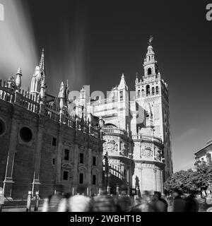 Immagine in bianco e nero con lunga esposizione dell'iconica torre la Giralda della basilica nel centro di Siviglia. Foto Stock