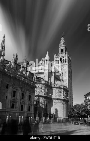 Immagine in bianco e nero con lunga esposizione dell'iconica torre la Giralda della basilica nel centro di Siviglia. Foto Stock