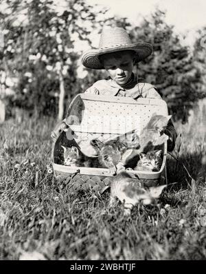 Una vecchia fotografia di un ragazzo con un cesto di gattini al sole a Maple Grove Farm, Rosser, Manitoba, Canada all'inizio del XX secolo. I cinque gattini stanno lasciando il cesto per avere un assaggio di libertà. Il ragazzo indossa un cappello di paglia. Questo è tratto da un primo album fotografico. Foto Stock