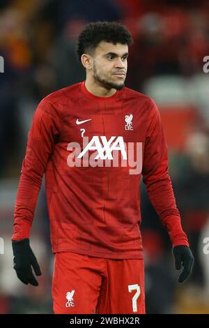 Liverpool, Regno Unito. 10 gennaio 2024. Luis Diaz di Liverpool durante il riscaldamento. Carabao Cup, EFL Cup, semifinale partita di andata, Liverpool contro Fulham ad Anfield a Liverpool mercoledì 10 gennaio 2024. Questa immagine può essere utilizzata solo per scopi editoriali. Solo per uso editoriale. foto di Chris Stading/Andrew Orchard fotografia sportiva/Alamy Live news Credit: Andrew Orchard Sports Photography/Alamy Live News Foto Stock