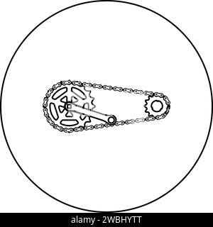 Catena bicicletta maglia motocicletta due elementi albero motore ruota dentata lunghezza manovella con ingranaggio per sistema a cassetta icona bicicletta in cerchio Illustrazione Vettoriale