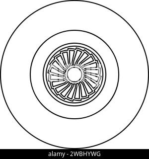 Icona dell'aereo a turbina turbomachine motore a getto motore dell'aeromobile ventola in cerchio rotondo di colore nero illustrazione vettoriale immagine contorno linea di contorno Illustrazione Vettoriale