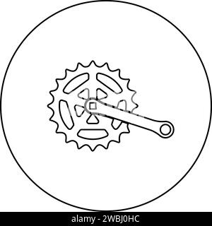 Lunghezza della manovella del pignone della ruota dentata del basamento con ingranaggio per il sistema di cassette per biciclette icona della bicicletta in cerchio rotondo di colore nero profilo dell'immagine vettoriale Illustrazione Vettoriale