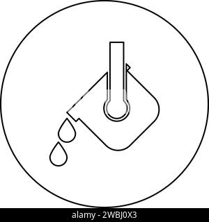 Crogiolo di metallo fuso versato dal mestolo fusione di ferro metallurgico fonderia icona del processo di fusione del metallo in cerchio rotondo di colore nero Illustrazione Vettoriale