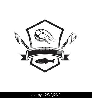 Logo Butcher Fish con concetto di coltello, logo isolato sulla silhouette del pesce macellaio su sfondo bianco illustrazione vettoriale Illustrazione Vettoriale