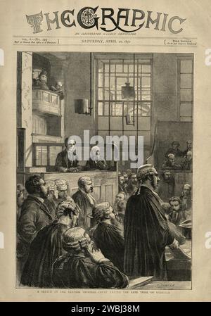 Pagina di un vecchio giornale vittoriano, Uno schizzo presso il tribunale penale centrale durante il tardo processo di o'Connor, 1872. All'Old Bailey, Arthur o'Connor (18 anni), fu "incriminato per aver presentato illegalmente una pistola alla persona di nostra Signora la Regina, con l'intento di allarmarla". Fu poi condannato a un anno di reclusione e a venti colpi con un Birch Rod. Il 29 febbraio 1872, Arthur o'Connor scalò il muro di Buckingham Palace, e corse la carrozza della regina Vittoria, sperando di costringere la regina a firmare un editto che liberava tutti i prigionieri politici irlandesi. Foto Stock