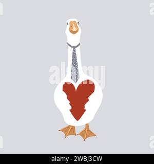 Bella oca con cuore rosso. Bird in Love, elemento di design di San Valentino isolato sul bianco. Illustrazione vettoriale Illustrazione Vettoriale