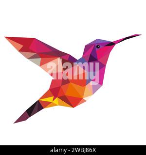 Logo poligonale dell'uccello. Mosaico di triangoli. Logotipo Hummingbird. Uccello con ali, piume e becco isolati su uno sfondo bianco. Illustrazione Vettoriale