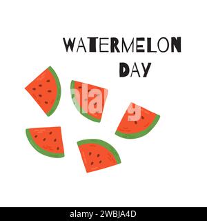 Giornata estiva all'anguria da cartolina con scritta. Elementi dei cartoni animati piatti disegnati a mano. Illustrazione vettoriale Illustrazione Vettoriale