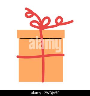 scatola anniversario colore pesca con fiocco rosso. Le illustrazioni vettoriali possono essere utilizzate per la progettazione di celebrazioni, banner, biglietti di auguri, etichette, poster. Stile disegnato a mano. Illustrazione Vettoriale