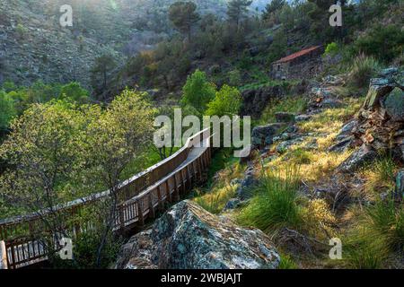 Guarda, Portogallo - 10 aprile 2023: Splendido paesaggio delle passerelle Mondego vicino a Vila Soeiro in Portogallo, con il sole nel tardo pomeriggio illuminato Foto Stock