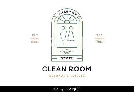 Etichetta toilette. Modello minimalista con logo line art. Distintivo bagno con wc e wc dal design semplice e moderno. Simbolo linea icona toilette wc cartello bagno. Illustrazione vettoriale Illustrazione Vettoriale
