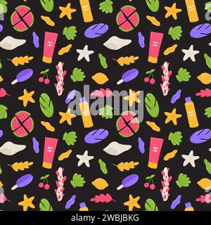 Spiaggia estiva con graziosa anguria, crema solare, conchiglia e stelle marine. Elementi dei cartoni animati piatti disegnati a mano. Illustrazione vettoriale Illustrazione Vettoriale