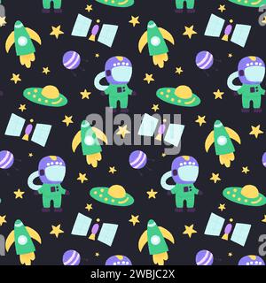 Baby cute motivo senza cuciture con elementi spaziali su sfondo scuro. Stile cartone animato piatto disegnato a mano. Illustrazione vettoriale Illustrazione Vettoriale