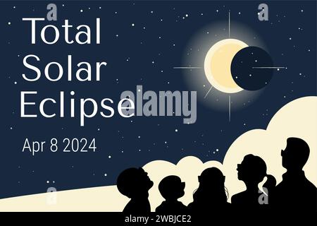 Persone in occhiali che guardano l'eclissi solare. Design banner vettoriale disegnato a mano. Illustrazione Vettoriale