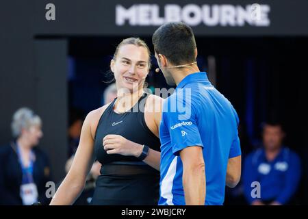 11 gennaio 2024: Aryna Sabalenka e Novak Djokovic si alleano per il doppio in un evento di beneficenza sulla Rod Laver Arena per l'Australian Tennis Foundation prima dell'Australian Open che inizia il 14 gennaio. Sydney Low/Cal Sport Media(immagine di credito: © Sydney Low/Cal Sport Media) Foto Stock