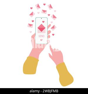 Immagine di mani che tengono un telefono con amore messaggio con cuori e messaggi di posta arriva al telefono isolato su sfondo bianco. Cartoni animati, stile carino Illustrazione Vettoriale
