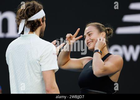 11 gennaio 2024: Aryna Sabalenka posa per i social media sulla Rod Laver Arena in un evento di beneficenza per l'Australian Tennis Foundation prima dell'Australian Open che inizia il 14 gennaio. Sydney Low/Cal Sport Media(immagine di credito: © Sydney Low/Cal Sport Media) Foto Stock