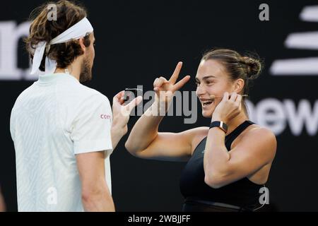 11 gennaio 2024: Aryna Sabalenka posa per i social media sulla Rod Laver Arena in un evento di beneficenza per l'Australian Tennis Foundation prima dell'Australian Open che inizia il 14 gennaio. Sydney Low/Cal Sport Media Foto Stock