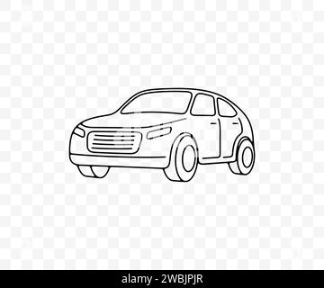 Progettazione grafica lineare di automobili, automobili, veicoli e auto. Trasporto, trasporto, guida e guida, progettazione vettoriale e illustrazione Illustrazione Vettoriale