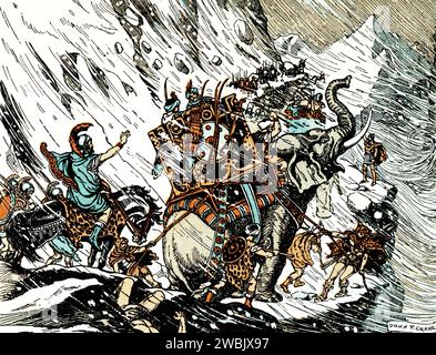 Hannibal porta il suo esercito sulle Alpi. Di Donn Philip Crane (1878-1944). L'attraversamento delle Alpi da parte di Annibale nel 218 a.C. fu uno dei principali eventi della seconda guerra punica. Annibale guidò il suo esercito cartaginese sulle Alpi e in Italia per portare la guerra direttamente alla Repubblica romana, bypassando le guarnigioni di terra romane e alleate e il dominio navale romano. Foto Stock