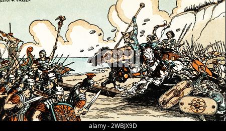 I britannici celtici resistono a Cesare. Di Donn Philip Crane (1878-1944). Nel corso delle sue guerre galliche, Giulio Cesare (100 a.C.-44 a.C.), invase due volte la Britannia: Nel 55 e 54 a.C.. Foto Stock