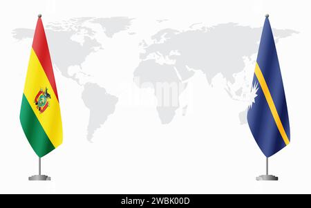 Bolivia e Nauru bandiere per un incontro ufficiale sullo sfondo della mappa mondiale. Illustrazione Vettoriale