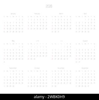 Calendario mensile dell'anno 2026. La settimana inizia la domenica. Blocco di mesi in due file e sei colonne disposizione orizzontale. Design minimalista e sottile. Illustrazione vettoriale. Illustrazione Vettoriale
