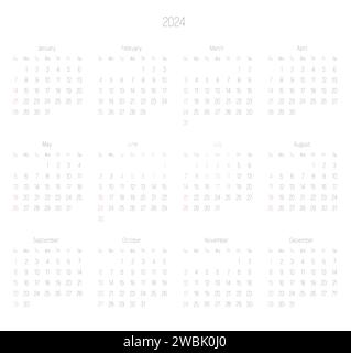 Calendario mensile dell'anno 2024. La settimana inizia la domenica. Blocco di mesi in due file e sei colonne disposizione orizzontale. Design minimalista e sottile. Illustrazione vettoriale. Illustrazione Vettoriale