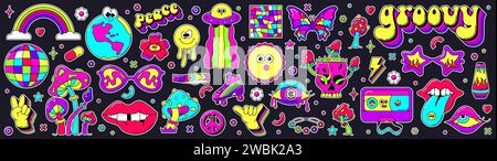 Set di adesivi colorati al neon psichedelici. Elementi funghi occhi sorridenti Sun Earth. Illustrazione Vettoriale