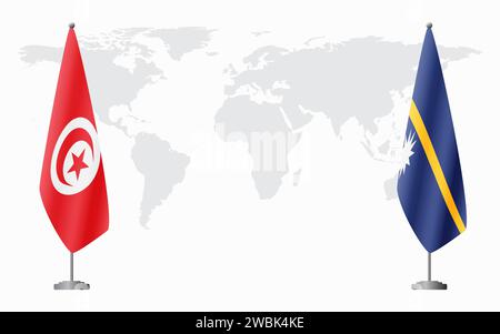 Tunisia e Nauru bandiere per un incontro ufficiale sullo sfondo della mappa mondiale. Illustrazione Vettoriale