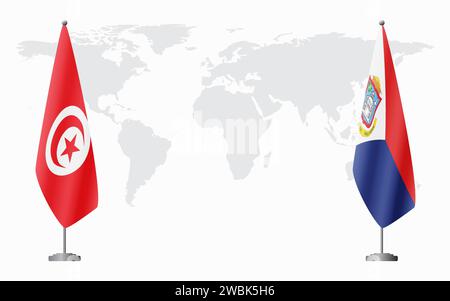 Tunisia e Sint Maarten bandiere per un incontro ufficiale sullo sfondo della mappa mondiale. Illustrazione Vettoriale