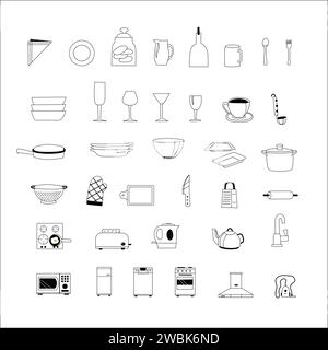 Collezione di utensili da cucina in stile piatto. Set di semplici icone dei contorni disegnate a mano degli strumenti di cottura. Illustrazione vettoriale Illustrazione Vettoriale