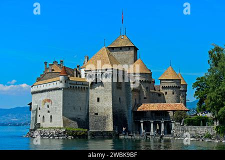 Castello di Chillon, Castello di Chillon sul Lago di Ginevra vicino Montreux, Vaud, Svizzera Foto Stock