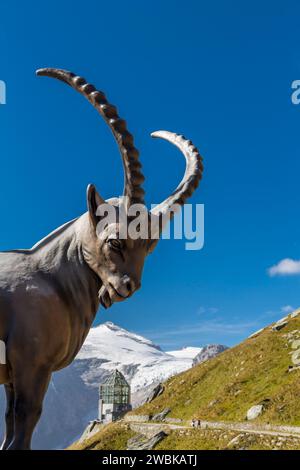 Scultura dello stambecco, Kaiser-Franz-Josef-Haus con ristorante panoramico, Kaiser-Panoramaweg, Kaiser-Franz-Josefs-Höhe, area di Großglockner, Parco Nazionale degli alti Tauri, Austria Foto Stock