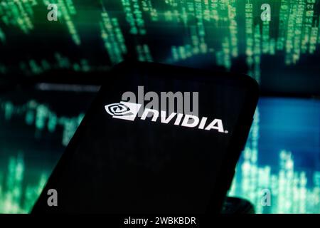 Polonia. 11 gennaio 2024. In questa immagine è riportato un logo Nvidia visualizzato su uno smartphone. (Foto di Mateusz Slodkowski/SOPA Images/Sipa USA) **** esclusivamente a scopo editoriale *** credito: SIPA USA/Alamy Live News Foto Stock