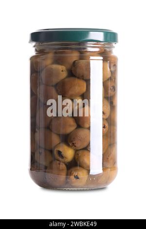 Olive nere Leccino snocciolate, condite con olio d'oliva, conservate in un vaso di vetro. Una delle principali cultivar di oliva per la produzione italiana di olio d'oliva. Foto Stock