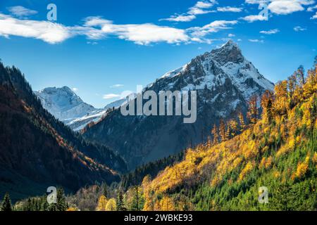 Paesaggio montano nella valle di Hintersteiner in una giornata di sole in autunno, foreste gialle e montagne innevate sotto un cielo blu, Alpi di Allgäu, Baviera, Germania, Europa Foto Stock