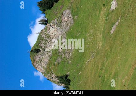 Vista dal Tiefenbachalm nella valle di Bächental fino al Marlkopf 1696 m, croce in cima davanti a un cielo blu e bianco, Eben am Achensee, Tirolo, Aus Foto Stock