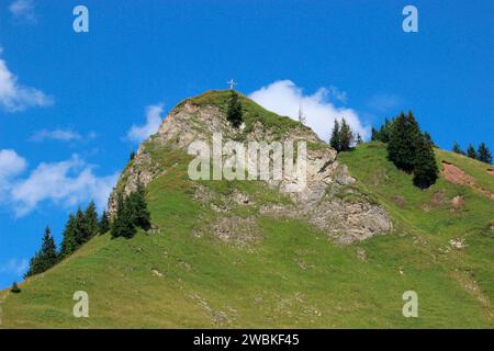 Vista dal Tiefenbachalm nella valle di Bächental fino al Marlkopf 1696 m, croce in cima davanti a un cielo blu e bianco, Eben am Achensee, Tirolo, Aus Foto Stock