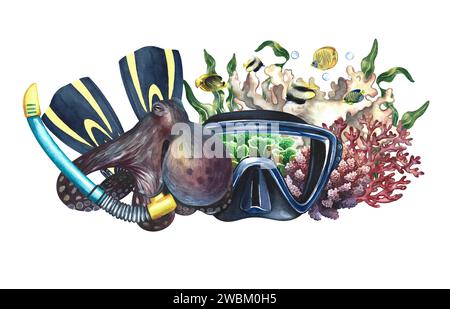 Maschera subacquea con pinne e boccaglio accanto al polpo in corallo e pesci marini. Dipinto a mano con acquerelli. Gita subacquea. Per imballaggio, schede e banne Foto Stock