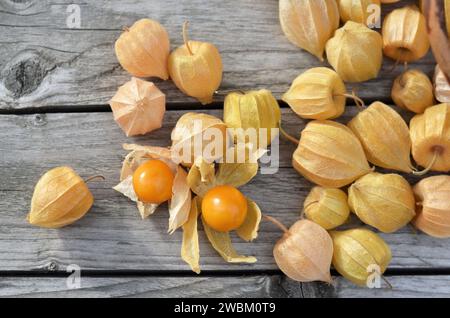 Frutti maturi di fisiosi peruviani in calici secchi su un vecchio tavolo rustico, vista dall'alto. Foto Stock