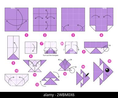 Origami tutorial per bambini. Pesce carino Origami. Illustrazione Vettoriale