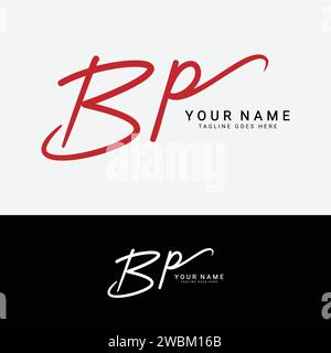 B, P, BP, grafia iniziale o lettera scritta a mano logo per l'identità. Logo con firma, matrimonio, moda, floreale, botanico e disegnato a mano in stile Illustrazione Vettoriale