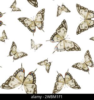 Motivo a farfalla acquerello senza cuciture. Sfondo disegnato a mano con insetti nei colori marrone e beige. Illustrazione su sfondo isolato con ali per l'avvolgimento di carta o tessuto. Ornamento naturale Foto Stock