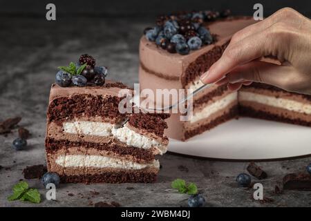 Mousse al cioccolato tripla. Cheesecake tre cioccolatini. Un delizioso dessert, decorato con more e mirtilli Foto Stock