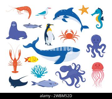 Animali di mare grande set. Simpatici personaggi creature marine in stile piatto. Pinguino, balena, foca, cavalluccio marino, delfini, Polpo, meduse, gabbiano delle stelle marine Illustrazione Vettoriale