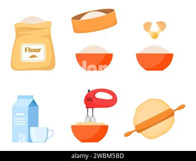 Preparazione passo dopo passo del set di torte senza che le persone si presentino nello stile dei cartoni animati. Istruzioni dettagliate per la preparazione della torta. Illus vettoriale Illustrazione Vettoriale