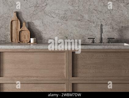 Dettagli minimalisti della cucina che mostrano taglieri in legno e ripiani in pietra in un ambiente sereno Foto Stock